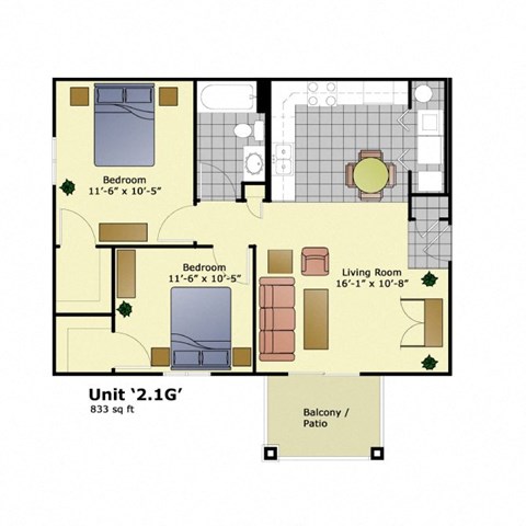 Floor plan for 2 beds, 1 bath, 833 sqft